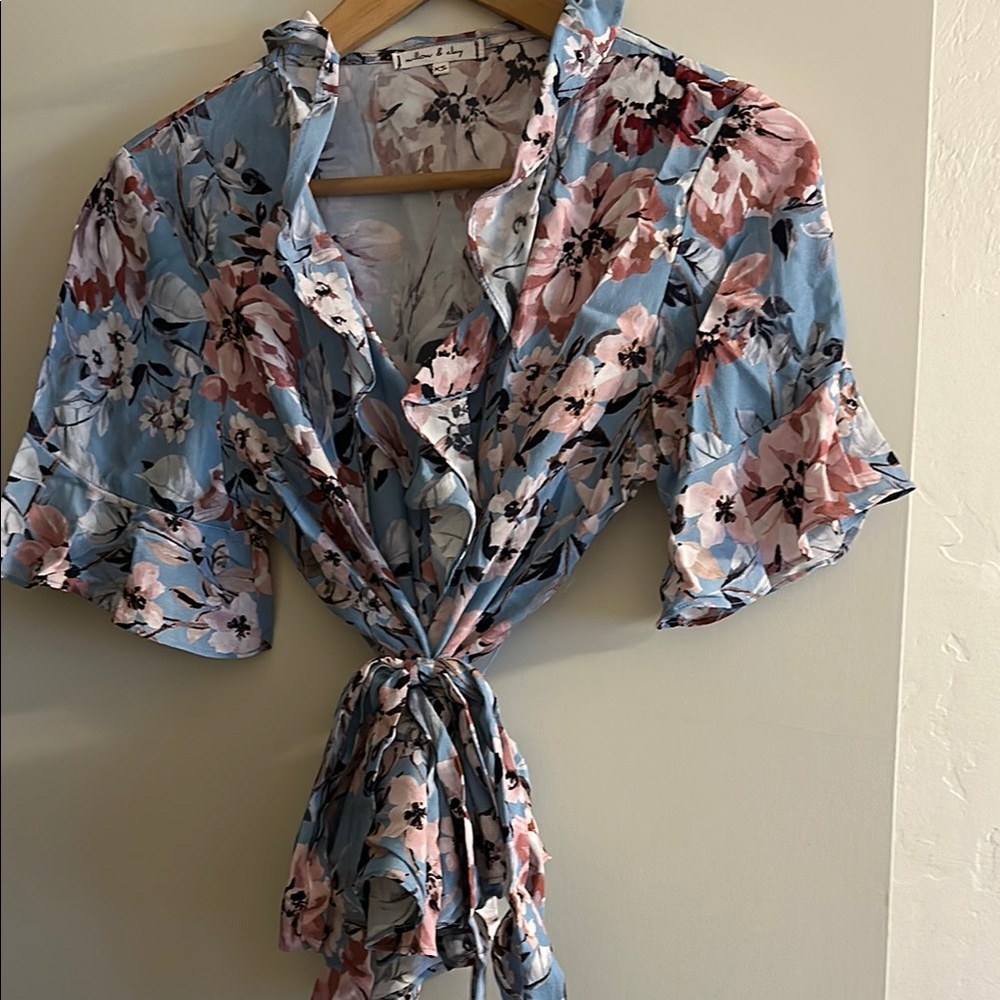 Willow & Clay Floral Ruffle Blouse - Blue and Pink - Picture 5 of 5
